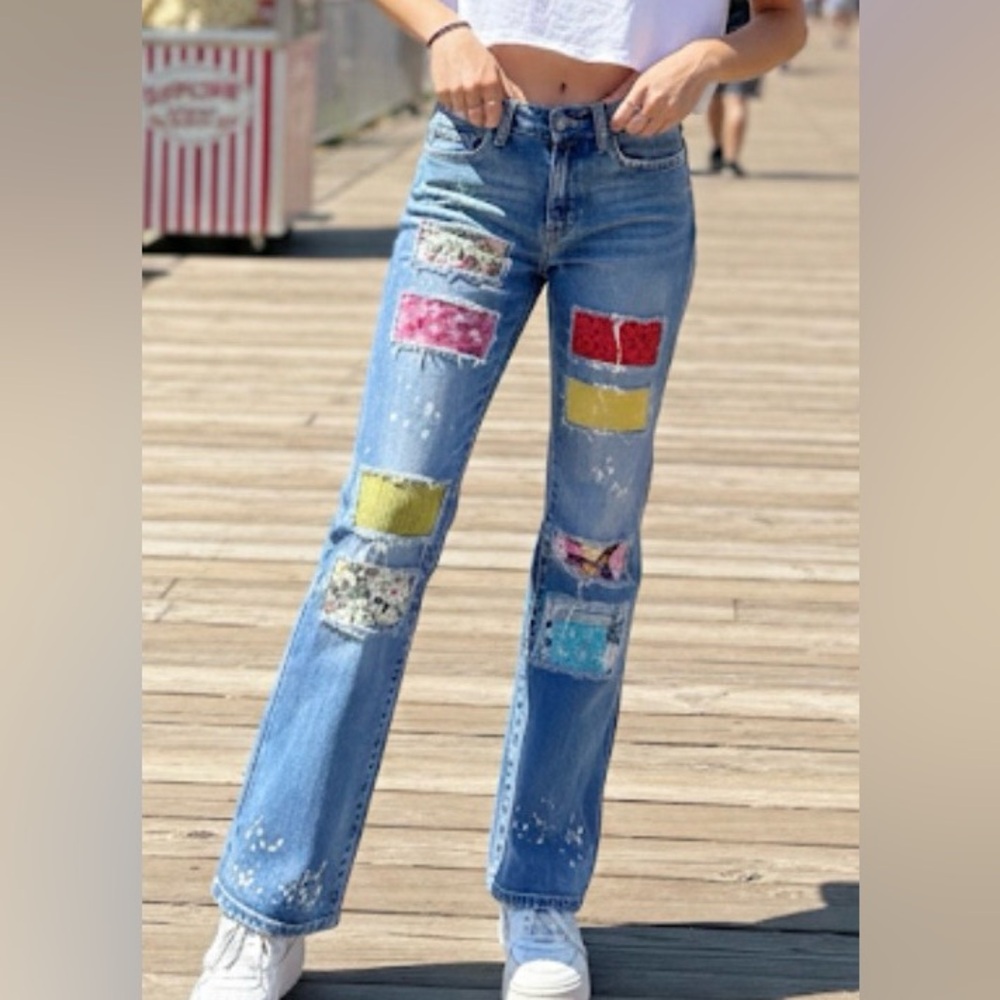 Upcycled Plugg Patchwork Mid-Rise Straight Leg Jeans. Juniors -9
